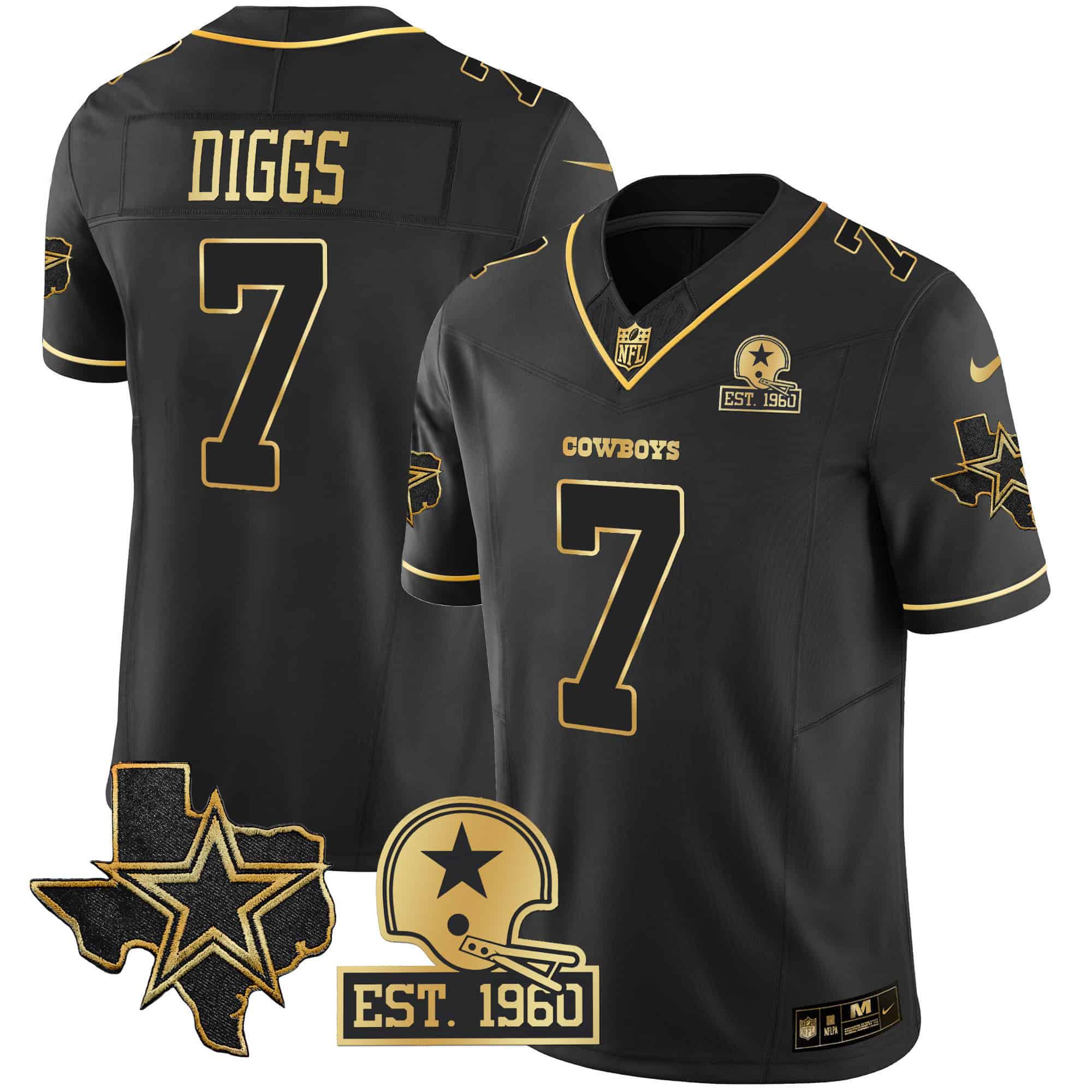 Men Dallas Cowboys #7 Diggs Black Gold 2024 Nike Patch Vapor NFL Jersey style 1